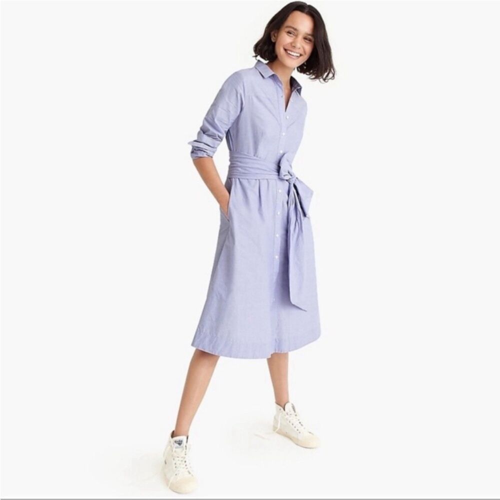 NWT J Crew Tie-Waist Shirt Dress in Blue End-on-end cotton J5419 Women’s 2